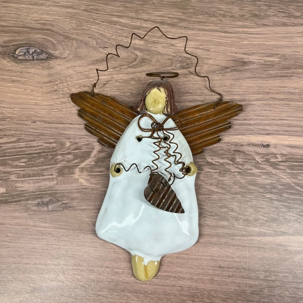 Angel Wall Hanging Ceramic Metal Wire Home Decor White Brown Rustic Primitive